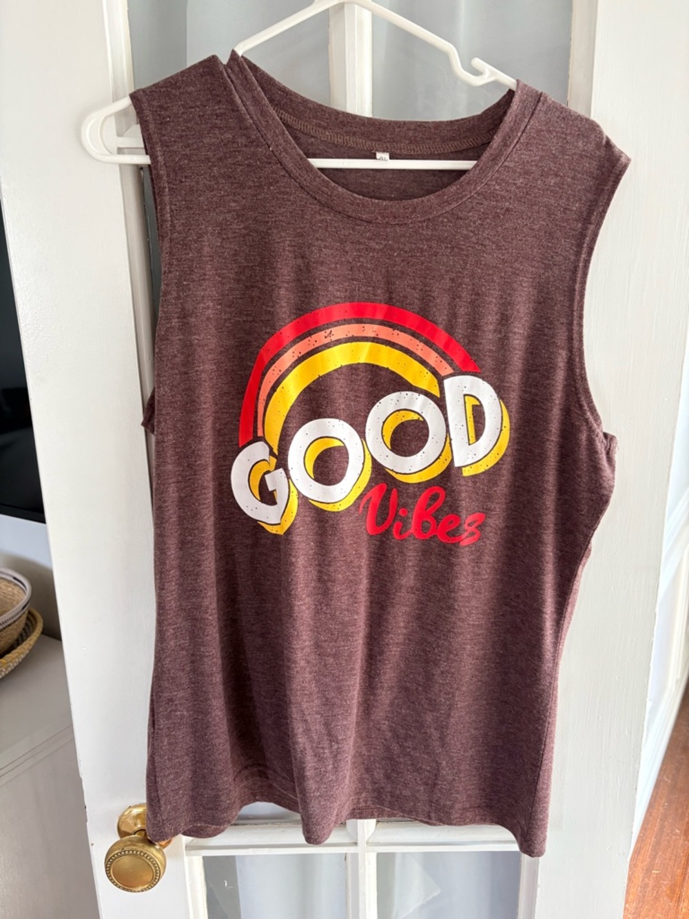 Good Vibes Retro Graphic Muscle Tee - Maroon with Yellow & Red Graphic